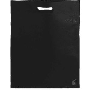 A black promotional bag featuring a handle and a logo at the bottom.