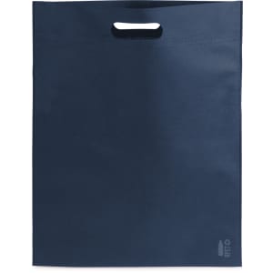 A navy blue bag featuring a handle and a logo at the bottom. Ideal for various carrying needs.