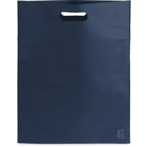 A navy blue bag with a handle, featuring a simple design and a logo in the bottom corner.