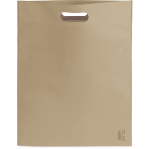 A large, tan-coloured bag with a handle and a small logo at the bottom. The bag is made from recyclable material.