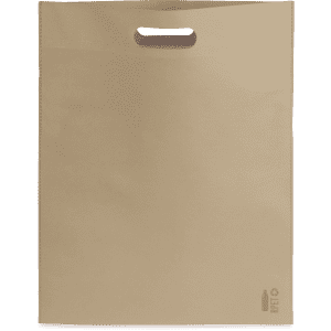 A tan bag with a handle and a logo, made from lightweight material.