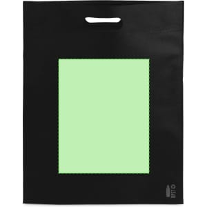 A black reusable bag with a green rectangular section and a cut-out handle. Features a logo at the bottom.