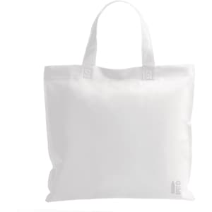 A white reusable grocery bag with two handles and a logo on the side.