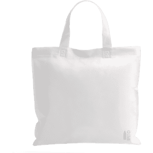 A white reusable grocery bag with handles, featuring a subtle logo in the corner.