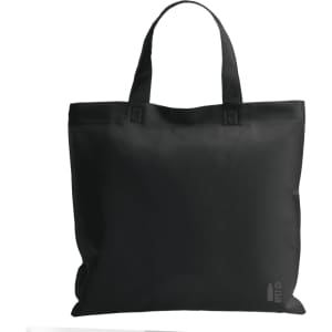 A black reusable grocery bag with two handles and a logo on the side.