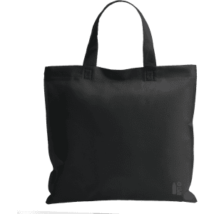 A black reusable grocery bag with two sturdy handles and a logo on the front.