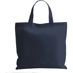 A reusable grocery bag in navy blue, featuring sturdy handles and a simple, unbranded design.