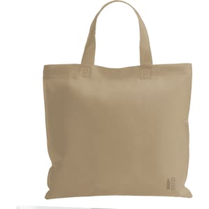 A beige reusable grocery bag with two handles and a branding logo on the side.