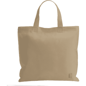 A beige reusable grocery bag with two handles and a logo on the bottom corner.