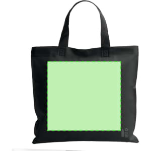 A black reusable grocery bag with two handles and a blank rectangular area for customisation. It has a logo.