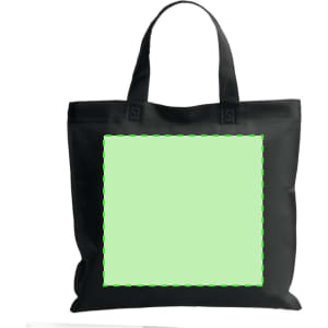 A black reusable grocery bag featuring a blank green square section, suitable for customisation.