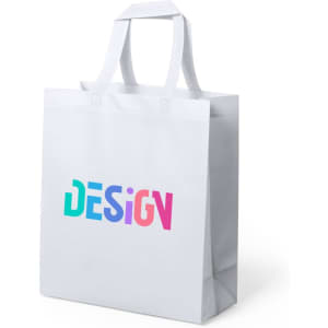A white sublimation bag with sturdy handles, featuring a colourful design on the front and a plain back.