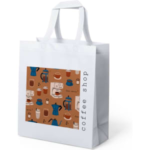 A white bag featuring a colourful coffee-themed design on the front, with sturdy handles and a logo.