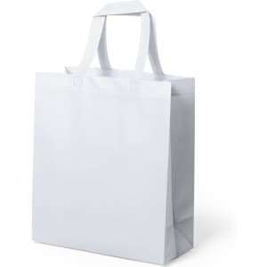 A white sublimation bag with two handles and a spacious design, featuring a logo.