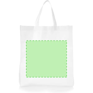 A white tote bag featuring a green dotted outline square, ready for custom designs, with two handles for carrying.