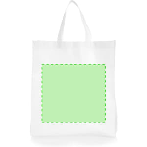 A white sublimation bag with a green rectangular area for custom designs and a pair of handles.