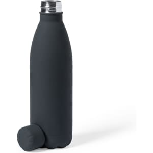 A drink bottle in matte black with a silver lid and a round base. It features a logo on the surface.