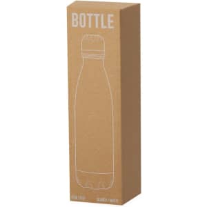 A drink bottle in orange and white, displayed in a cardboard box with a simple design and a logo.