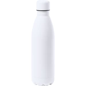 A drink bottle in white, featuring a sleek design and a screw-on lid, with a logo on the surface.