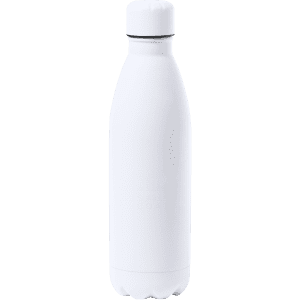 A drink bottle in a sleek white design, featuring a tight-fitting cap and a smooth finish. It has a branding logo.