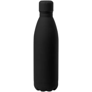 A drink bottle in a sleek matte black finish with a screw-on lid and a rounded shape. It features a logo.