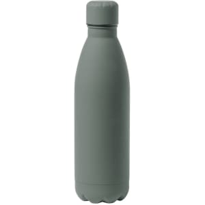 A drink bottle in a matte olive green finish, featuring a rounded design and a sport cap, with a logo on the body.