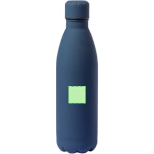 A drink bottle in navy blue with a smooth finish and a round cap, featuring a logo.