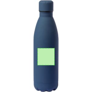 A drink bottle in navy blue with a rounded base and a screw-on lid, featuring a blank section for custom branding.