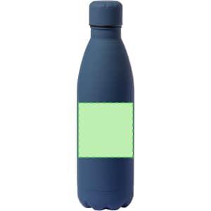 A drink bottle in navy blue with a textured finish and a logo on the side, featuring a blank label area.