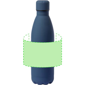 A drink bottle in a dark blue colour with a sleek design and a lid. It features a logo on its surface.