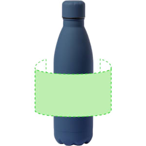 A drink bottle in navy blue with a rounded base, featuring a logo on its surface.