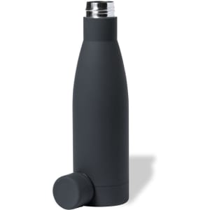 A drink bottle in matte black with a detachable lid and a sleek, modern design. Features a logo.