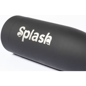 A drink bottle in matte black with a branding logo prominently displayed.