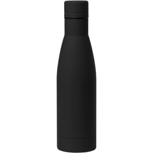 A drink bottle in matte black with a sleek, modern design and a secure screw-on lid. It features a logo.