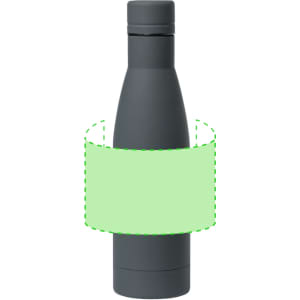 A drink bottle in grey with a sleek, modern design and a screw-top lid. It features a branding logo.