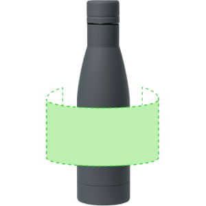 A drink bottle in dark grey with a sleek design, featuring a branding logo on its surface.