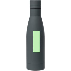 A drink bottle in matte grey with a green accent panel and a secure screw-on lid. It features a logo.