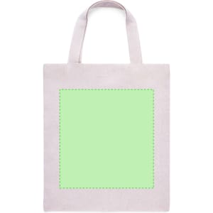 A plain tote bag in light grey with green branding area and two short handles.