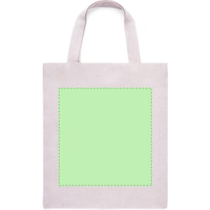 A light-coloured tote bag featuring a square area in a pastel green shade and a logo at the top.