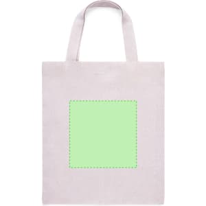 A light-coloured tote bag with handles and a blank green square area for custom design or branding.