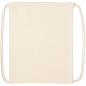 A beige drawstring bag with two cord handles and a simple design. It features a logo or branding.
