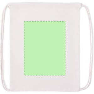 A cream drawstring bag with a green rectangular area for customisation and a logo on the front.
