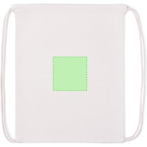 A light pink drawstring bag with a square area for branding, featuring a logo at the top.