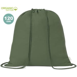 A green drawstring bag made from organic cotton with a textured finish and a branding logo.