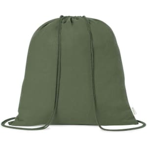 A green drawstring bag with two adjustable cords and a logo present on the fabric.