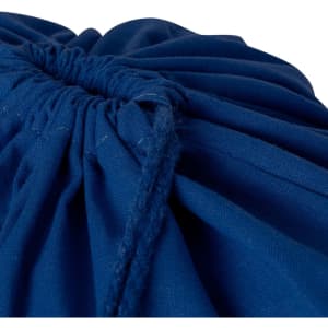 A blue drawstring bag with gathered fabric and a cinched top, featuring a branding logo.