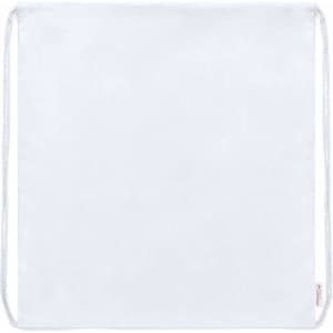 A white drawstring bag with a simple design and a branded logo on the side.