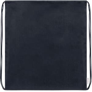 A dark navy drawstring bag with a simple design and a logo in one corner.