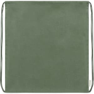 A green drawstring bag featuring a simple design and a logo on the side.