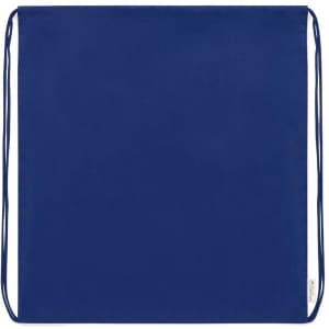 A blue drawstring bag featuring a simple design and two cord straps. It has a branding logo.